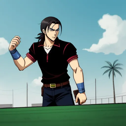 a man in a black shirt and blue pants holding a tennis racket in his hand and a palm tree in the background, by Toei Animations