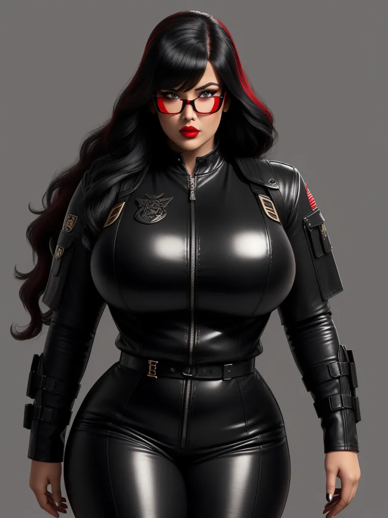 a woman in a black leather outfit with red glasses and a red lipstick on her face, standing in front of a gray background, by Terada Katsuya