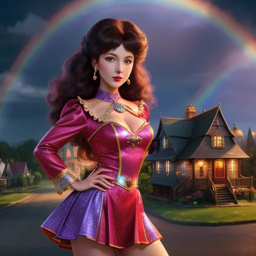 a woman in a pink dress standing in front of a rainbow and a house with a rainbow in the background, by Sailor Moon