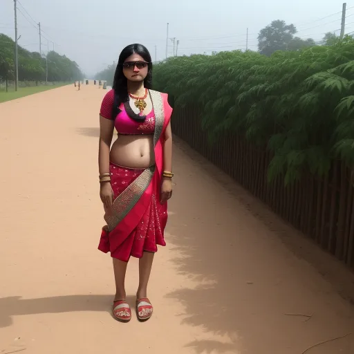 how to increase resolution of image - a woman in a pink sari and a pink blouse standing on a dirt road with trees in the background, by Alec Soth