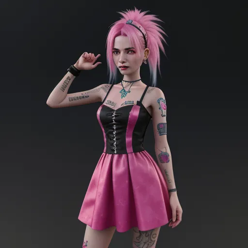 ai image creator from text - a woman with pink hair and tattoos posing for a picture in a pink dress with a black top and pink skirt, by Akira Toriyama