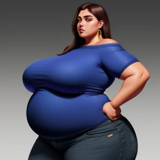text to images ai - a woman in a blue top and jeans is posing for a picture with her belly exposed and her hands on her hips, by Fernando Botero
