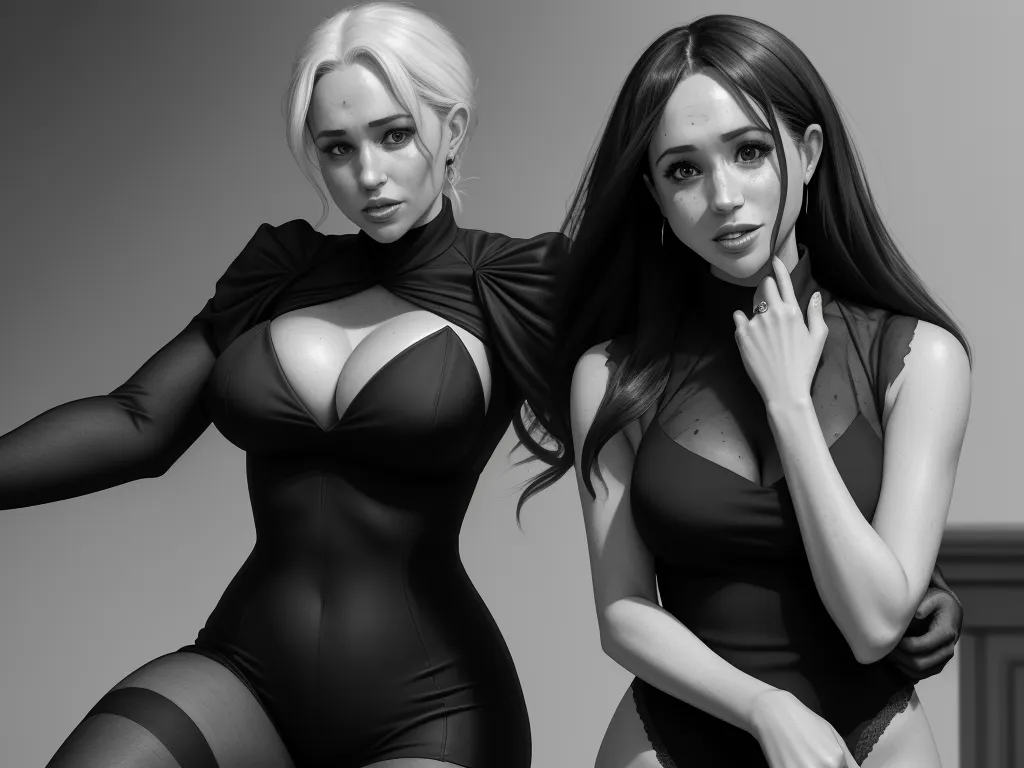 low resolution images - two women in bodysuits posing for a picture together in a black and white photo with a gray background, by Lois van Baarle