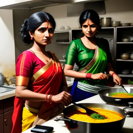 free ai text to image - two women in a kitchen preparing food on a stove top oven, one of them is holding a spoon, by Cindy Sherman