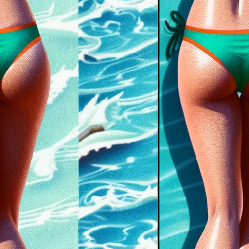 change image resolution online - a woman in a bikini standing in the water next to a pool of water with a wave coming in, by Lois van Baarle