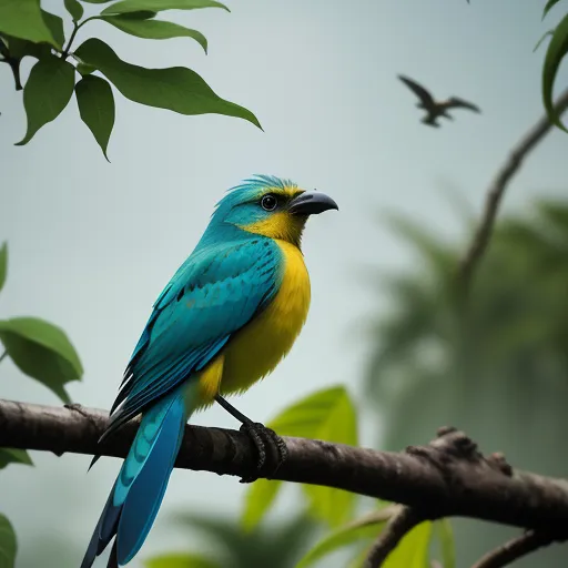 a blue and yellow bird sitting on a branch with a bird flying in the background on a cloudy day, by Hendrik van Steenwijk I