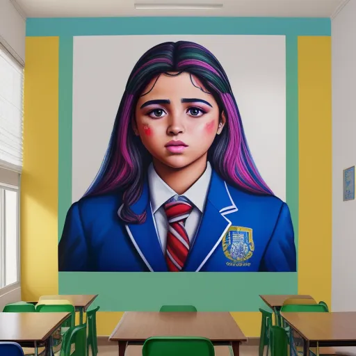 a painting of a girl in a school uniform on a wall in a classroom with green chairs and a green table, by Alex Garant