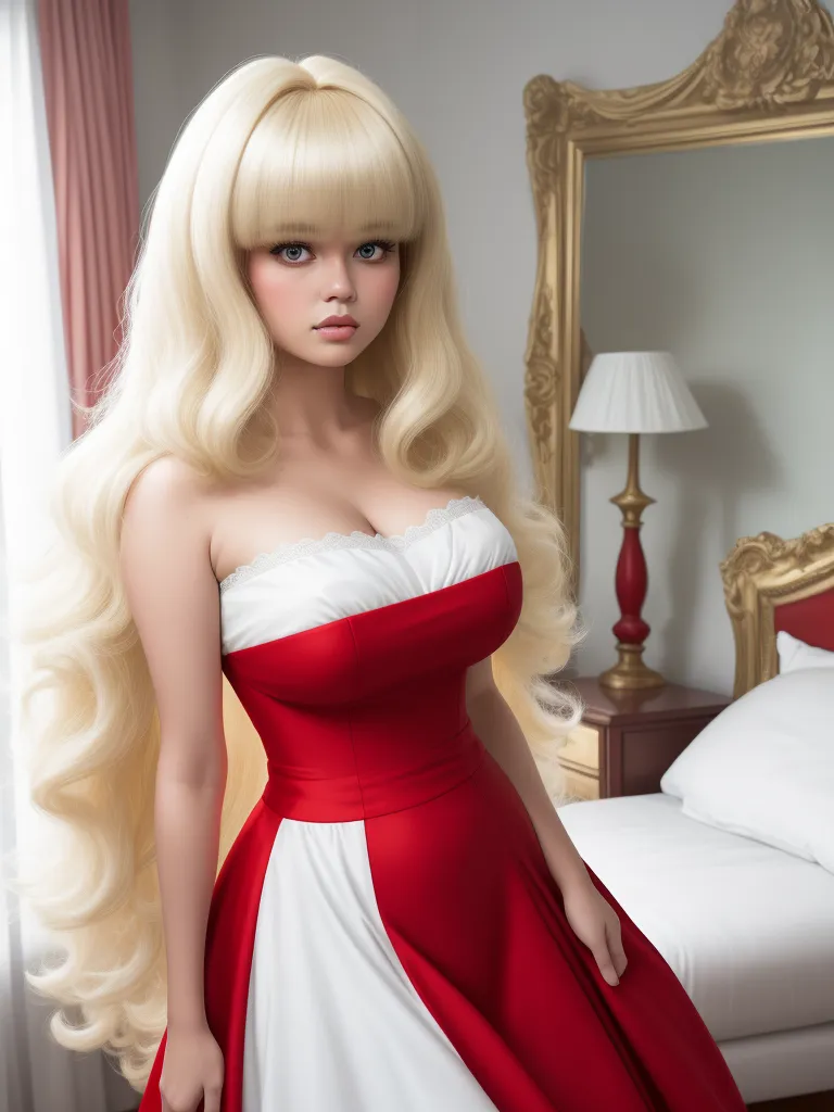 ai text to picture generator - a blonde doll with long hair in a red and white dress standing in front of a mirror in a bedroom, by Terada Katsuya