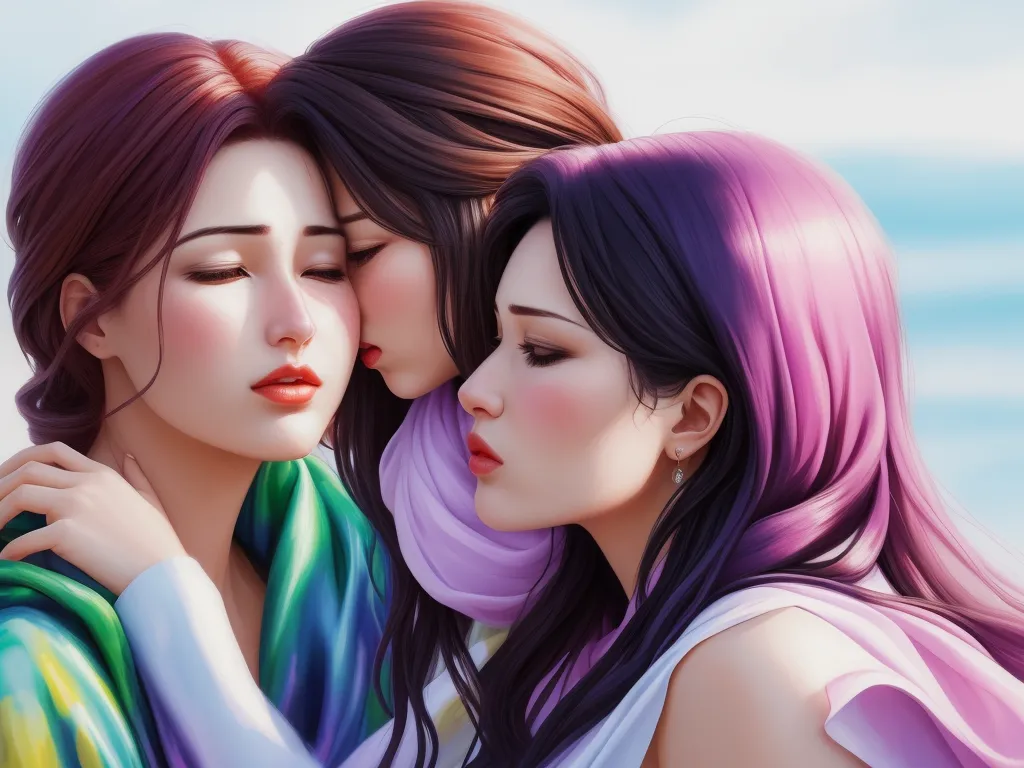 ai image genorator - two women are hugging each other while wearing scarves and scarves on their heads and shoulders, with a sky background, by Lois van Baarle