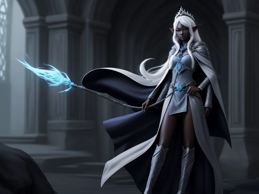 best ai text to image generator - a woman dressed in a white and black outfit holding a blue fire wand in her hand and a white cloak on her head, by Lois van Baarle