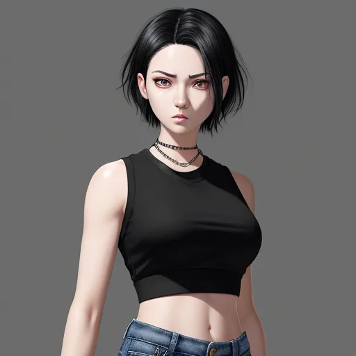 how to fix low resolution pictures on phone - a woman with a black top and a necklace on her neck and a black shirt on her shoulders and a black choker, by Terada Katsuya