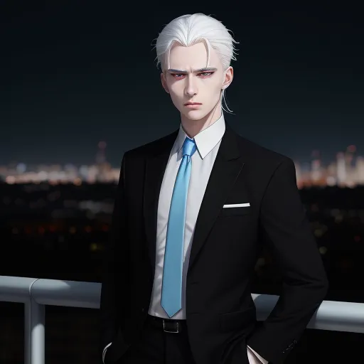 a man in a suit and tie standing on a balcony at night with a city skyline in the background, by Sailor Moon