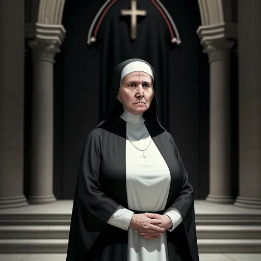 convert to 4k photo - a nun standing in front of a cross in a church with columns and a cross on the wall behind her, by Gottfried Helnwein