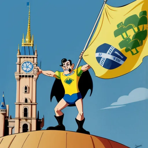 a cartoon of a man holding a flag on top of a building with a clock tower in the background, by Hanna-Barbera