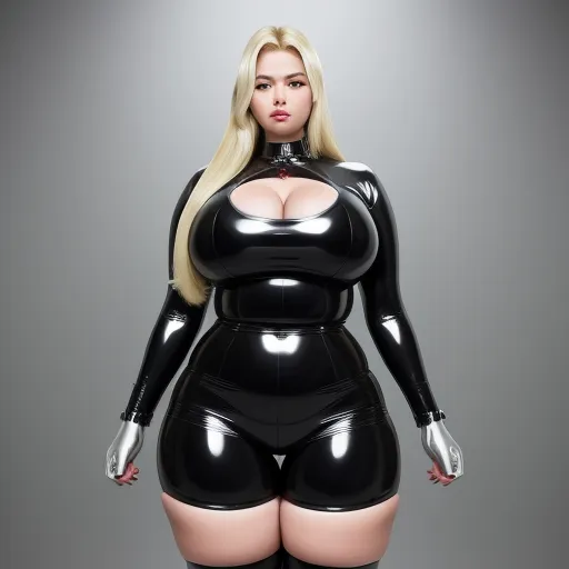 a woman in a black latex outfit with big breast and large breasts is posing for a picture with her hands on her hips, by Terada Katsuya