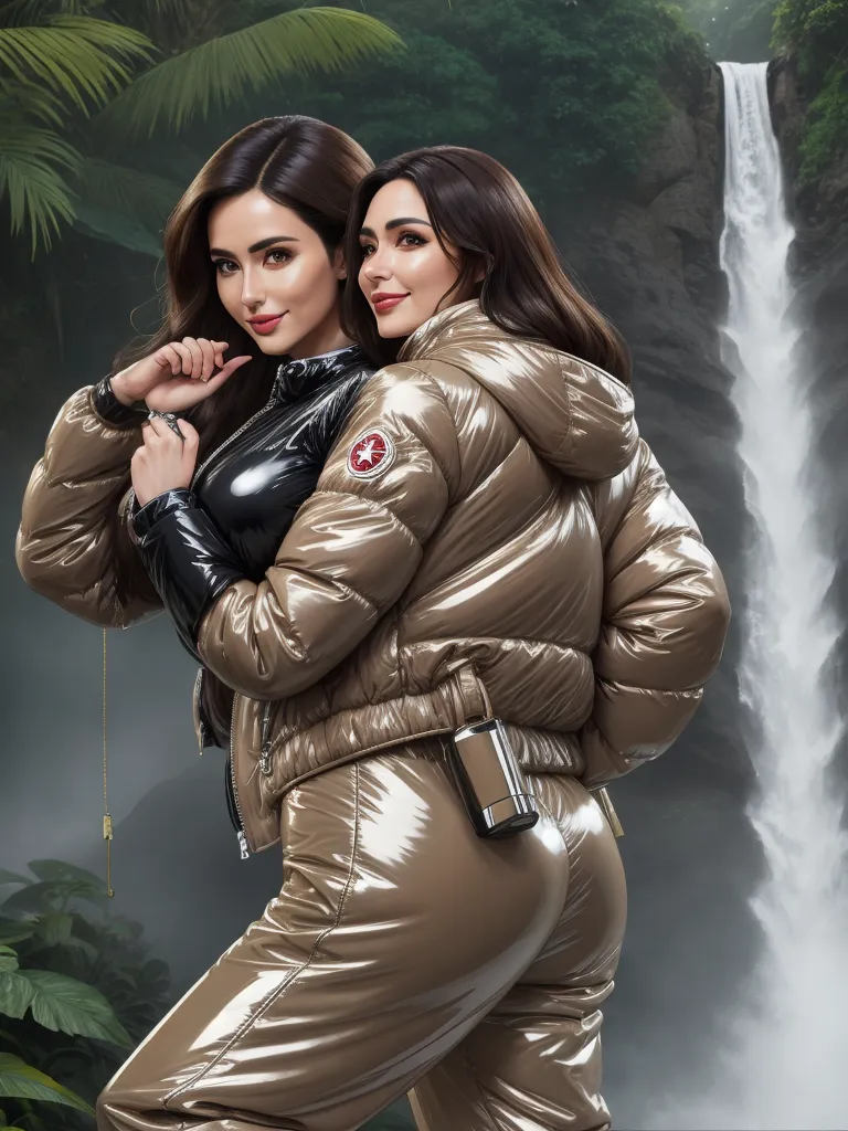 ai image from text - two women in shiny outfits standing in front of a waterfall with a waterfall behind them and a waterfall behind them, by David LaChapelle