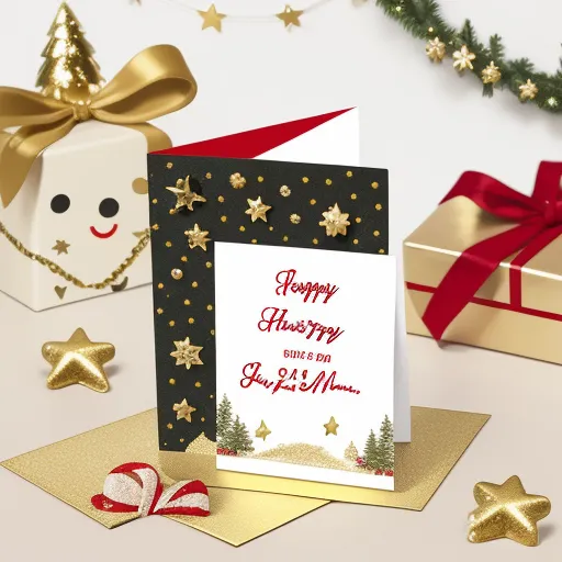 image from text ai - a christmas card with a gift box and a christmas tree on it and a gold star decoration around it, by Toei Animations