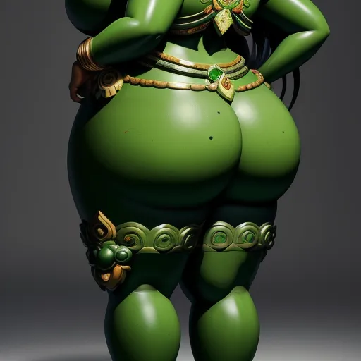 a green woman with a large breast and a green mask on her head and a green belt around her waist, by Akira Toriyama