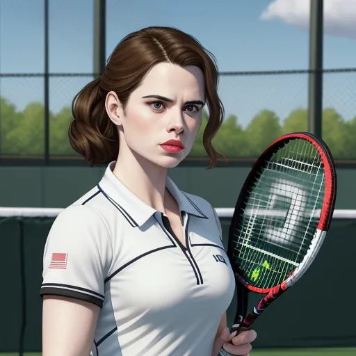 image from text ai - a woman holding a tennis racket on a tennis court with a sky background and trees in the background, by Phil Noto