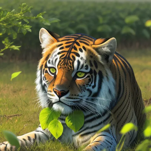 a tiger laying in the grass with a leaf in its mouth and eyes wide open, with a green leaf in its mouth, by Jeff Simpson