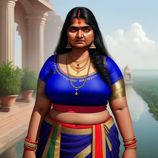 ultra high resolution images free - a woman in a blue sari standing in front of a lake and a building with columns in the background, by Kent Monkman
