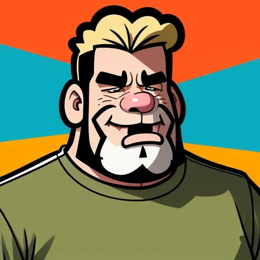 enhancer - a man with a beard and a mustache in a green shirt with a red nose and a blue and orange background, by Genndy Tartakovsky