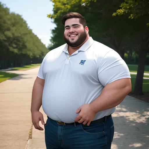 ai image app - a man with a beard and a white shirt is standing on a sidewalk and smiling at the camera with his hands in his pockets, by Botero