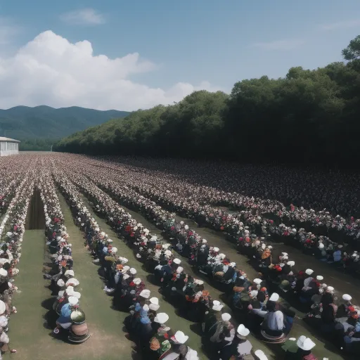 a large group of people standing in a field with a building in the background and a sky background with clouds, by Andreas Gursky