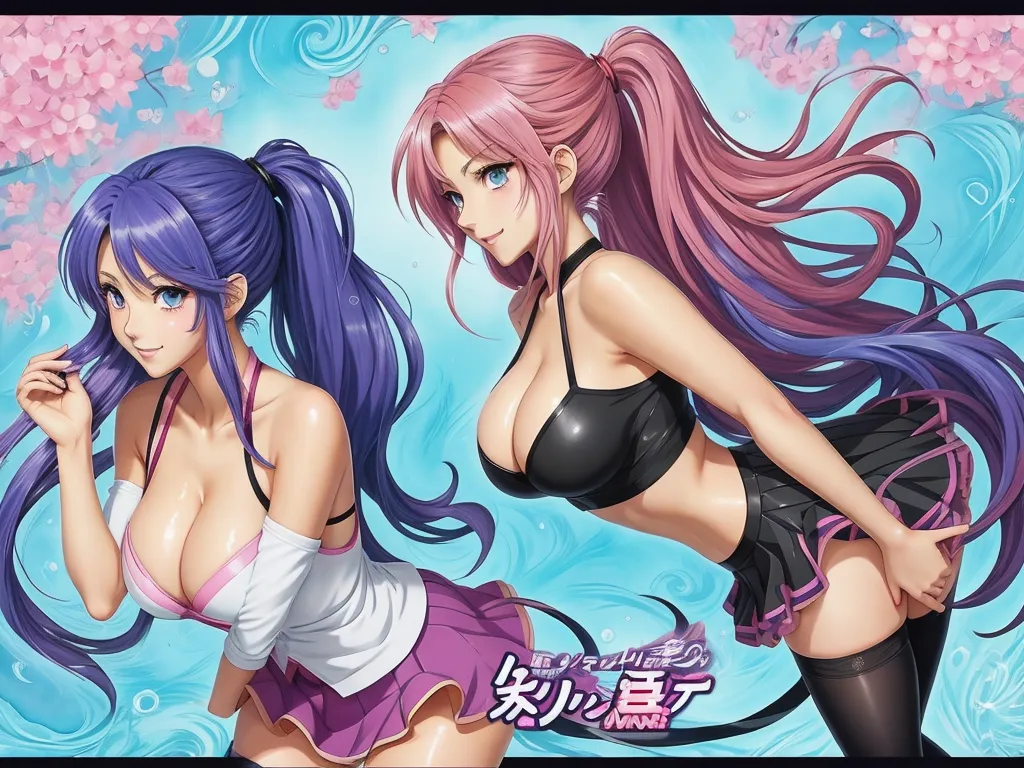two anime girls with long hair and purple hair, one in a bikini and the other in a short skirt, by Hanabusa Itchō