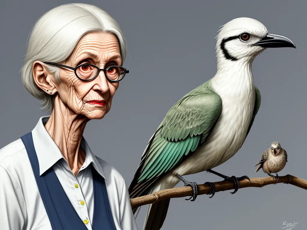a painting of an elderly woman and a bird on a branch with a gray background, with a gray background, by Pixar Concept Artists