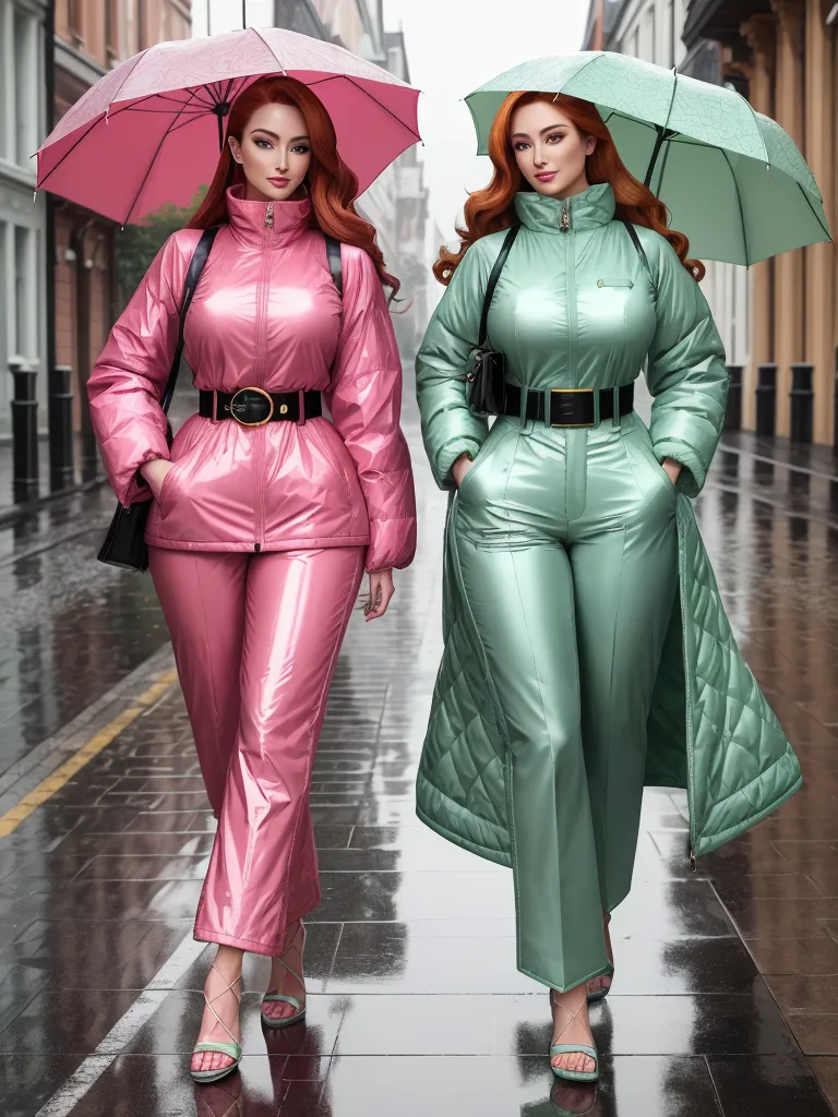 enhance image quality - two women in shiny outfits walking down a street with umbrellas over their heads and one woman in a pink and green outfit, by Edith Lawrence