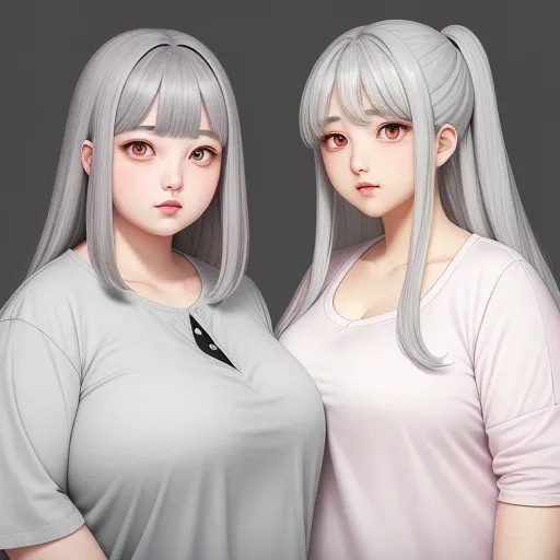 low quality - two women with long grey hair standing next to each other in front of a gray background with a black button, by Chen Daofu