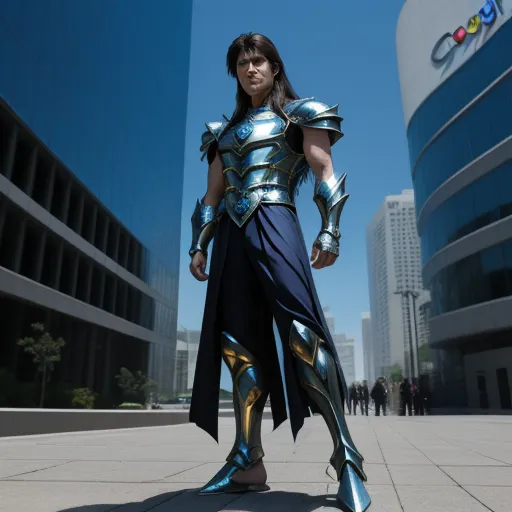 a man in a costume standing in a plaza in front of a building with a google logo on it, by Sailor Moon