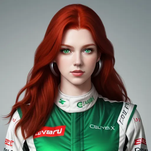 a woman with red hair and green eyes wearing a racing suit and earrings, with a grey background and a gray backdrop, by Terada Katsuya