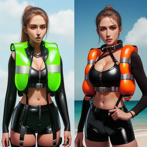 two women in wetsuits standing next to each other on a beach with a life jacket on and a life vest on, by Chen Daofu