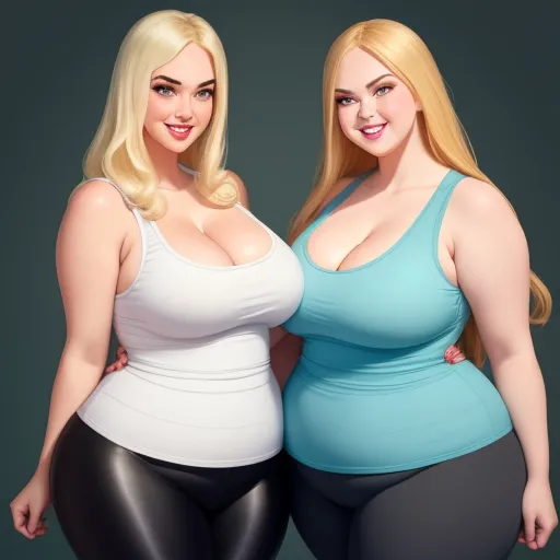 two women in tight pants posing for a picture together, both wearing bras and bra tops, one with large breast, by Hanna-Barbera