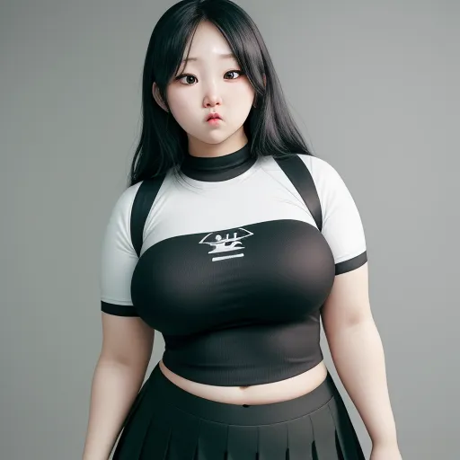 image ai generator from text - a woman in a black and white outfit posing for a picture with a black and white shirt on her shoulders, by Terada Katsuya