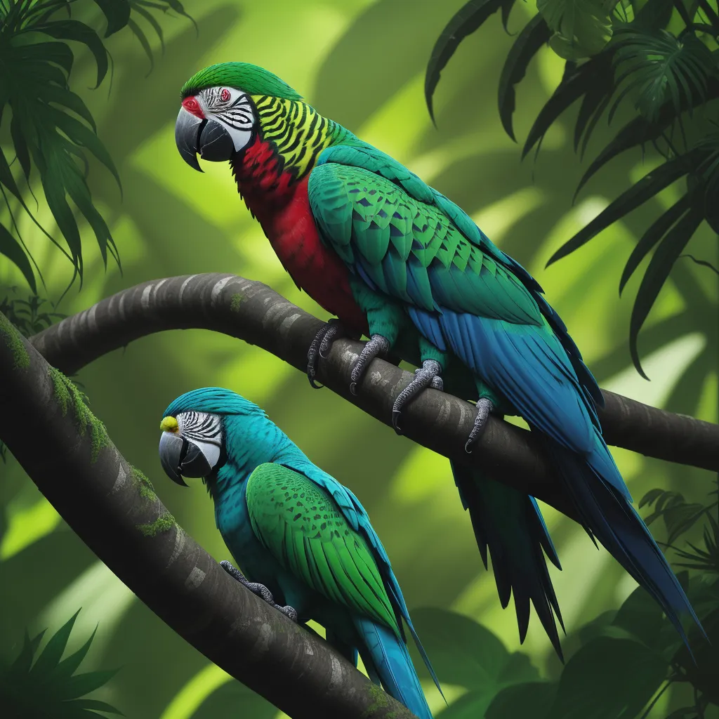 hd photo online - two colorful parrots perched on a tree branch in a jungle setting with green leaves and a green background, by Cyril Rolando