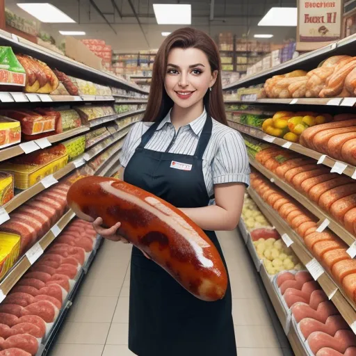a woman holding a large sausage in a store aisle with shelves of food behind her and a shelf of eggs and sausages on the shelves, by Heinz Edelmann