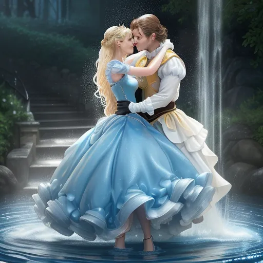 a painting of a couple kissing in front of a fountain with a waterfall behind them and a blue dress, by Hanna-Barbera