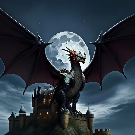 ai upscaler - a dragon sitting on top of a castle with a full moon in the background and a castle in the foreground, by Cyril Rolando