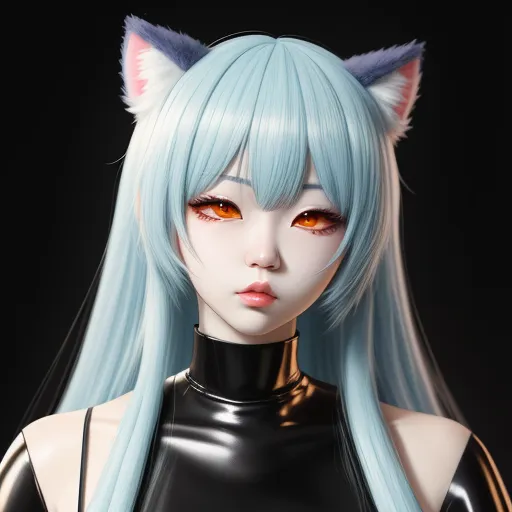 ai generated images from text - a cat - earsed girl with blue hair and orange eyes is wearing a black latex outfit and a cat - ears choker, by Terada Katsuya