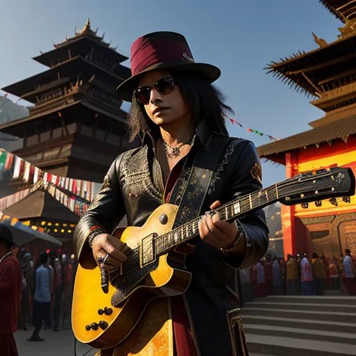 a man in a hat and sunglasses playing a guitar in front of a pagoda building with a pagoda in the background, by Terada Katsuya