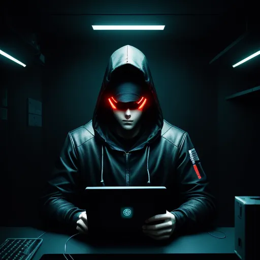 ai image generator from image - a man in a hooded jacket is using a laptop computer with a glowing red light on his face and eyes, by Hendrik van Steenwijk I