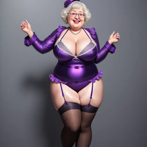 a woman in a purple outfit with a big breast and stockings on her legs and a purple bra and stockings on her hips, by David LaChapelle