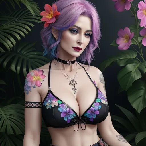 a woman with purple hair wearing a bra and a flower in her hair and a tattoo on her chest, by Edmond Xavier Kapp