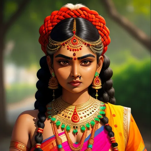 a painting of a woman in a colorful outfit with a braid and a nose ring on her head and a tree in the background, by Raja Ravi Varma