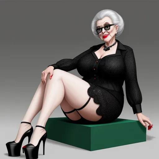 a woman in a black dress and heels sitting on a green box with her legs crossed and her legs crossed, by Hanna-Barbera