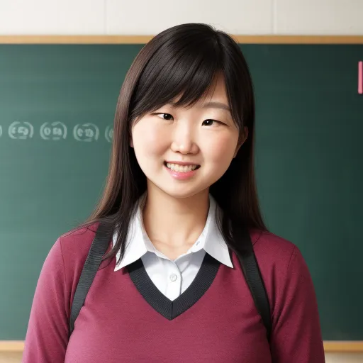 ai picture generator from text - a woman standing in front of a chalkboard with a backpack on her shoulder and a smile on her face, by Hanabusa Itchō