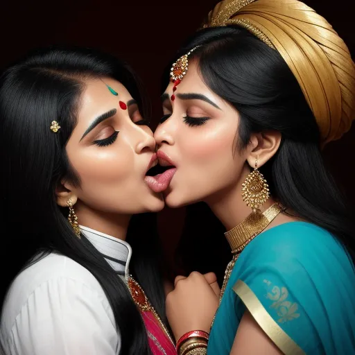 two women kissing each other with their heads touching each other's noses photo by a man in a turban, by Raja Ravi Varma